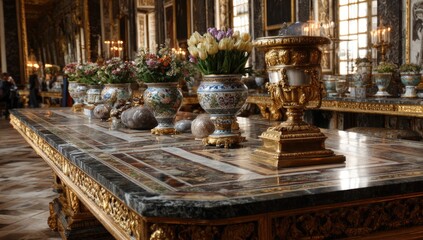 Ornate table laden with floral arrangements in a grand hall