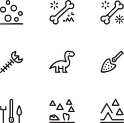 Fototapeta premium Paleontology vector icon set outline icons,editable stroke dinosaur,fossil,bone,shovel,digging,archeology,mountains,teeth,skeleton,tools