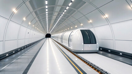 A sleek white train is positioned on pristine tracks within a futuristic tunnel, surrounded by clean lines and bright lights, ready for passenger boarding