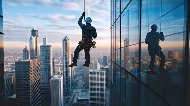Man Hanging On Ropes Next To Modern Glass Skyscraper At Sunset In Urban Cityscape