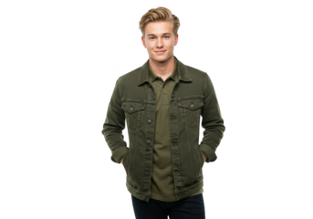 A handsome young caucasian man is posing in a green denim jacket and polo shirt with