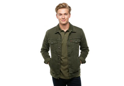 A handsome young caucasian man is posing in a green denim jacket and polo shirt with