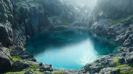 Serene tarn nestled among rugged alpine cliff no human no labelling no logo