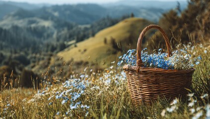 Rustic woven basket filled with wildflowers on a grassy hill