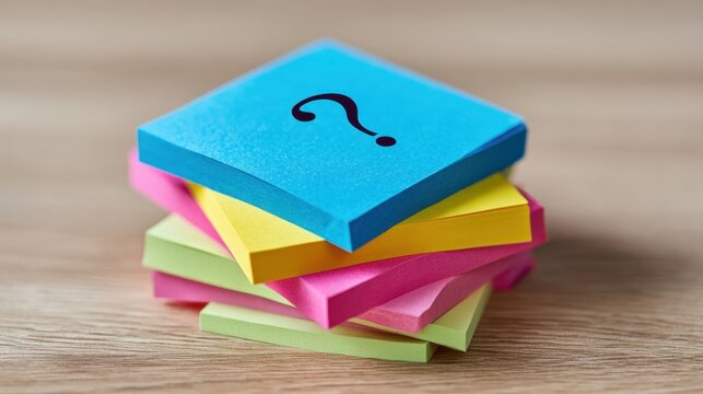 The stack of colorful sticky notes with a question mark symbol. - Powered by Adobe