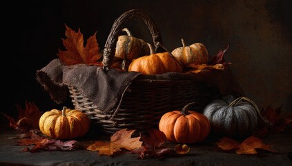 Autumn basket of gourds and leaves