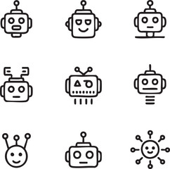 Naklejka premium Robot head vector icon set outline style,cartoon robots artificial intelligence,futuristic,droid,technology,automation,smiley face,antenna,machine,communication,innovation