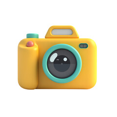 3d A yellow cartoon camera with a gray lens and a blue button isolated on transparent background