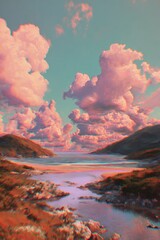 Fototapeta premium Pastel beach scene with surreal clouds