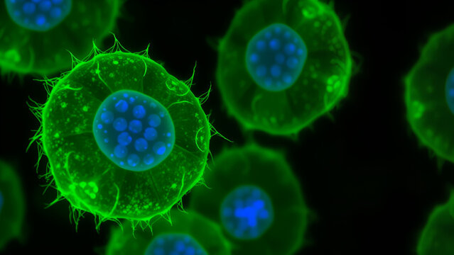 Fluorescence microscopy of Cryptosporidium oocysts,
DAPI-stained nuclei (blue) with thick wall (green),
zero contextual environment,waterborne pathogen.