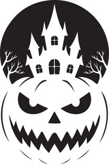 Spooky halloween jack o lantern with haunted castle silhouette and full moon