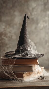Old witch hat covered in cobwebs resting on vintage books with spider nearby, perfect for Halloween concept art, spooky posters and mystical literature-themed visuals
