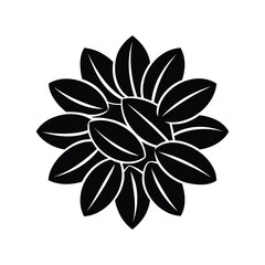 Stylized black and white floral design composed of overlapping leaf shapes