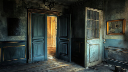  Old mansion with a secret door hidden in the wall, partially ajar 