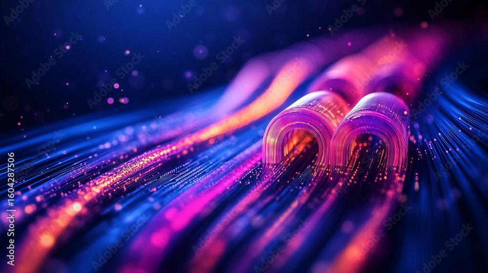 Poster abstract background with colorful lines and circuit board elements on a dark blue backdrop,