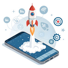 rocket launching from mobile screen digital sta