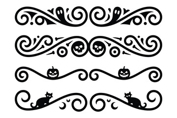 
Set of four decorative Halloween-themed ornamental dividers with ornate borders with ghosts, skulls, and pumpkins, with spooky motifs swirls 

