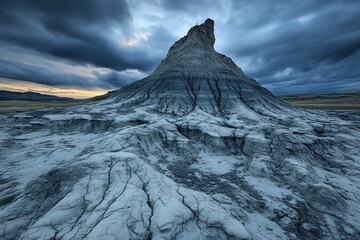 Stark badlands landscape under dramatic evening light no human no labelling no logo