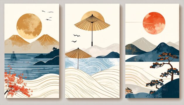 Elegant triptych evoking tranquility and artistry within a serene landscape scene