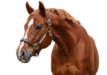 A beautiful chestnut horse with a white blaze stands gracefully against a