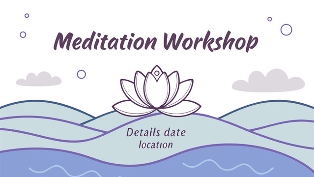 Illustration of meditation workshop banner with lotus flower, clouds, and wavy lines representing water