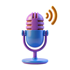 3d A purple and blue microphone with golden sound wave symbols isolated on transparent background