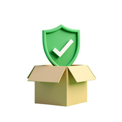3d Green shield with white checkmark in an open cardboard box isolated on transparent background