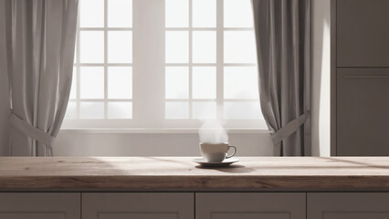 Fototapeta premium A bright, clean Scandinavian-style kitchen with a large window