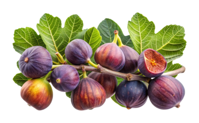 Beautiful branch of ripe figs with vibrant green leaves on white background