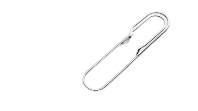 Sleek metal paper clip resting on a plain white background highlighting its minimalist design and functionality on transparent background