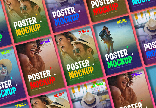 Square Poster Mockup Grid with Vibrant Designs