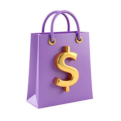 3d A purple shopping bag with a golden dollar sign on the front isolated on transparent background