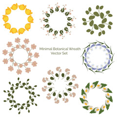 Set of hand-drawn floral wreaths in cartoon flat style. Perfect for invitations, cards, packaging, and seasonal design. Soft tones, minimalistic and editable vector layout.