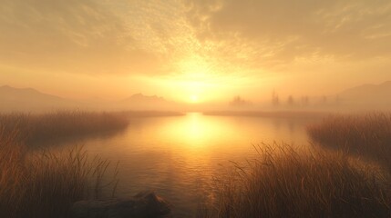 Tranquil marshland sunrise with golden mist rising from the water no human no labelling no logo