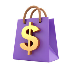3d A purple shopping bag with a golden dollar sign on the front isolated on transparent background