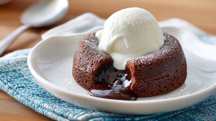 Indulgent Chocolate Lava Cake with Gooey Center Served with Vanilla Ice Cream on Rustic Wooden Table