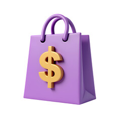 3d A purple shopping bag with a golden dollar sign on the front isolated on transparent background