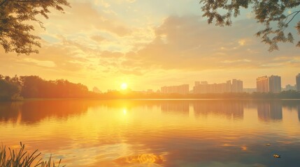 Naklejka premium Summer sunset over a lake with peaceful reflections