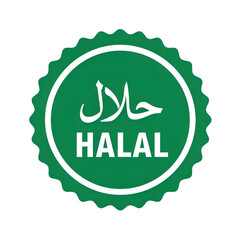 Illustration of halal certification seal with arabic script and english text on a transparent background