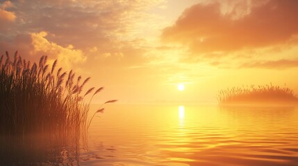 Tranquil marshland sunrise with golden mist rising from the water no human no labelling no logo