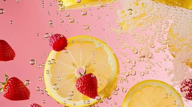 raspberries strawberries and lemons falling into carbonated water, on pink background
