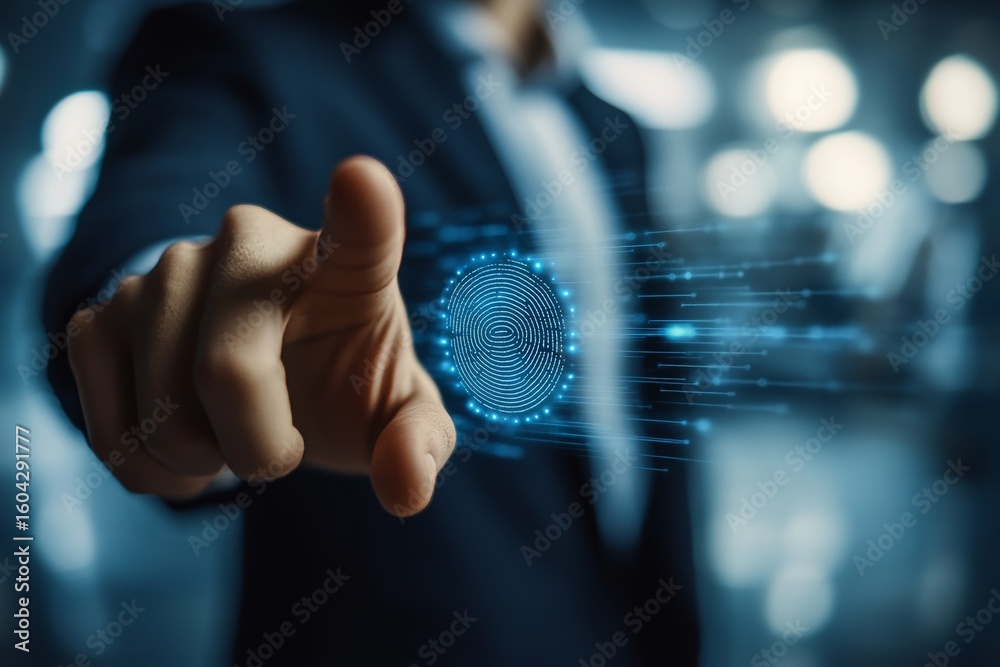 Poster security technologies concept man accessing secure digital information with biometric verification