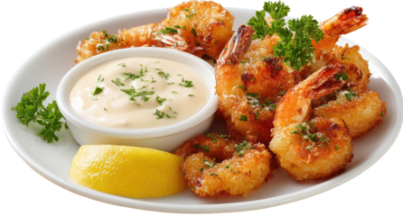 Crispy fried shrimp with creamy sauce and lemon