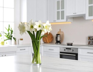 White flowers in a glass vase on a kitchen countertop