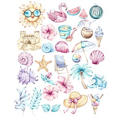 Summer escapes with beach vibes featuring sun, tropical elements, and festive motifs for joyful relaxation and holiday celebrations