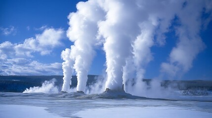 Towering geysers shooting steam into blue sky across a geothermal field no human no labelling no logo