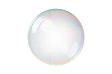 A shimmering iridescent bubble floats ethereally, reflecting light in pastel hues with a transparent sheen