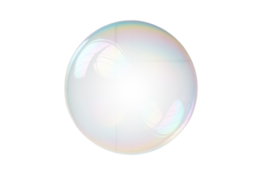 A shimmering iridescent bubble floats ethereally, reflecting light in pastel hues with a transparent sheen