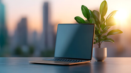 modern laptop with blank screen on a table in a smart city office setting with blurred background
