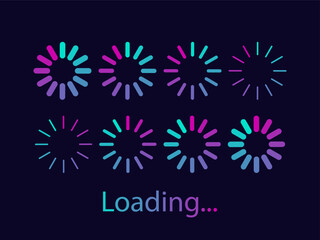 Gradient circle loading icons in neon colors isolated on black. Vector progress bar for web, apps, presentations, UI elements, infographic visuals, websites 